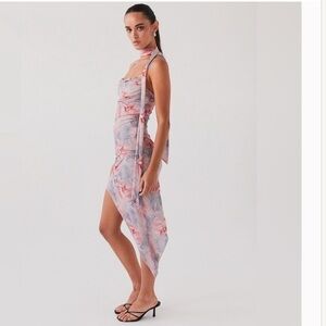 Peppermayo asymmetrical floral mesh midi dress with neck tie NWT